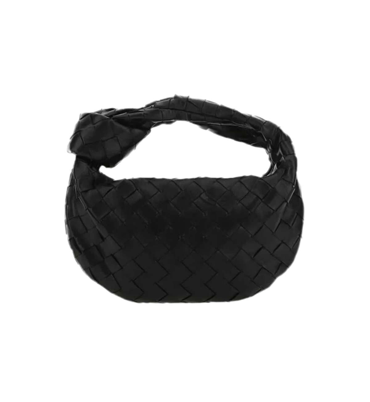Mini woven bag in black vegan leather with grid details and silver hardware.