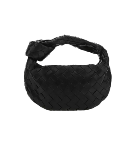 Mini woven bag in black vegan leather with grid details and silver hardware.