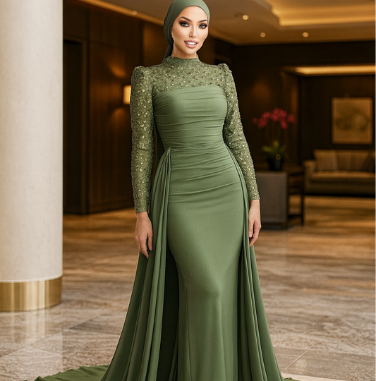 Abendkleid mit Paillettenärmeln Schleppe und Drapierung