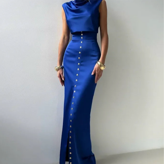 Elegante Crop Top Rock Set Frauen Rollkragen Ärmellose Weste Hohe Taille Taste Lange Röcke 2025, Frühling Dame Satin Solide Outfits