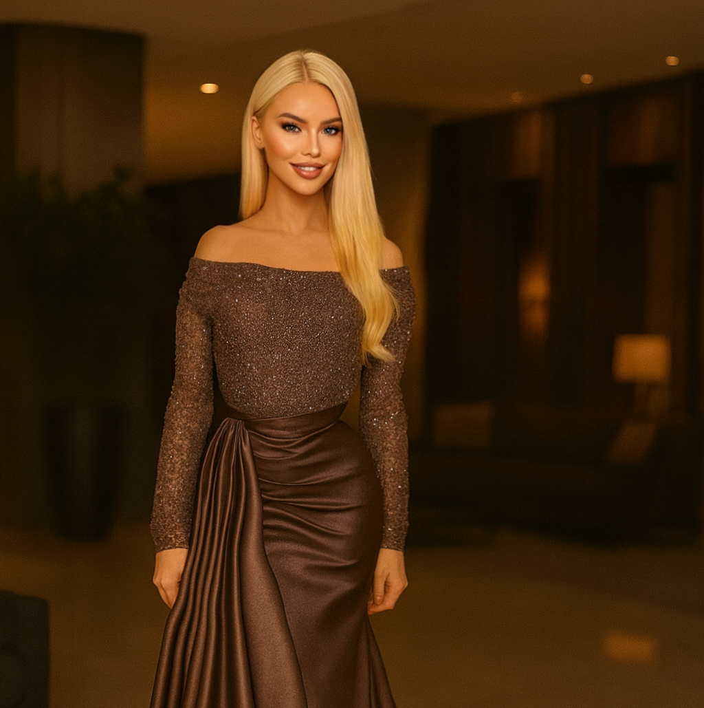 Elegantes schokoladenbraunes Abendkleid mit Pailletten-Oberteil und Satin-Schleppe