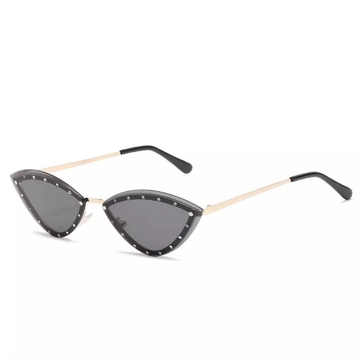Trendy cat-eye sunglasses with narrow black frame, sparkling accents, and UV-protective dark lenses.