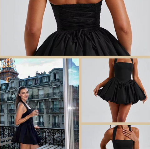 Stillvolles Schwarzes kurzes Ballonkleid mit Korsagen-Schnürung hinten