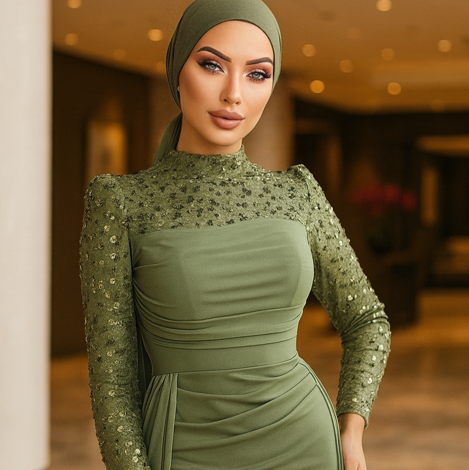 Abendkleid mit Paillettenärmeln Schleppe und Drapierung