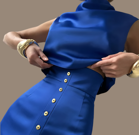 Elegante Crop Top Rock Set Frauen Rollkragen Ärmellose Weste Hohe Taille Taste Lange Röcke 2025, Frühling Dame Satin Solide Outfits