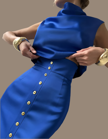 Elegante Crop Top Rock Set Frauen Rollkragen Ärmellose Weste Hohe Taille Taste Lange Röcke 2025, Frühling Dame Satin Solide Outfits