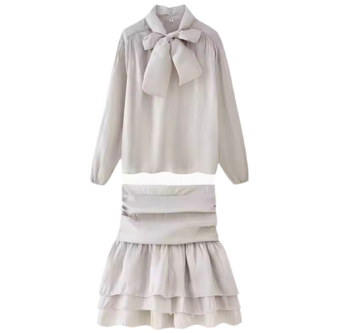 Stilvoller Zweiteiler Bluse & Rock im Satin Look