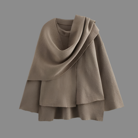 Ponch Women Knitted Jacket Asymmetric Scarf Coat Chic Outerwear