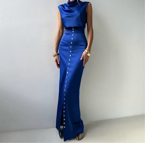 Elegante Crop Top Rock Set Frauen Rollkragen Ärmellose Weste Hohe Taille Taste Lange Röcke 2025, Frühling Dame Satin Solide Outfits