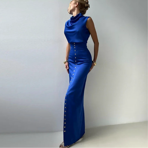 Elegante Crop Top Rock Set Frauen Rollkragen Ärmellose Weste Hohe Taille Taste Lange Röcke 2025, Frühling Dame Satin Solide Outfits