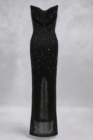 Luxuriöses Schwarzes Abendkleid mit Perlenverzierung