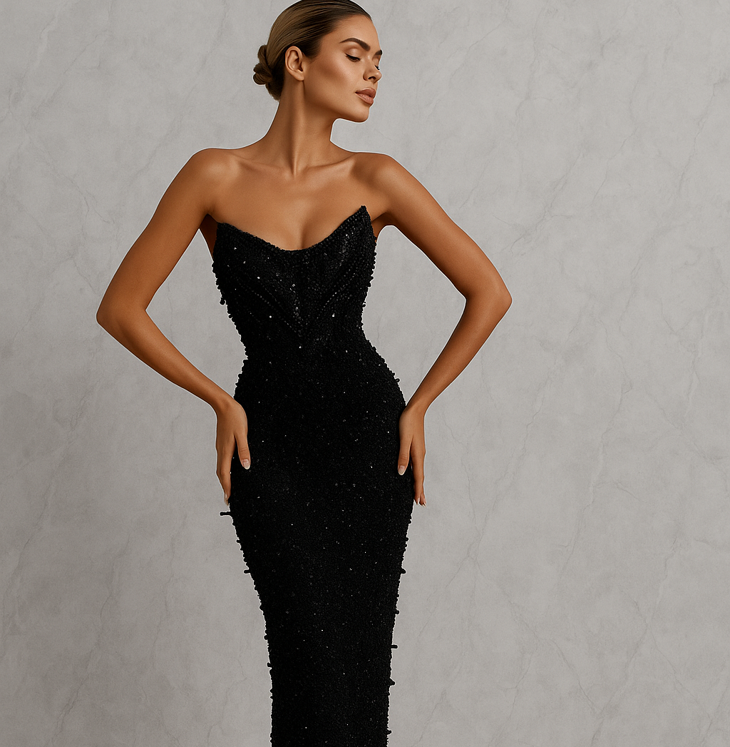 Luxuriöses Schwarzes Abendkleid mit Perlenverzierung