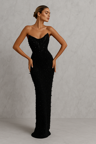 Luxuriöses Schwarzes Abendkleid mit Perlenverzierung