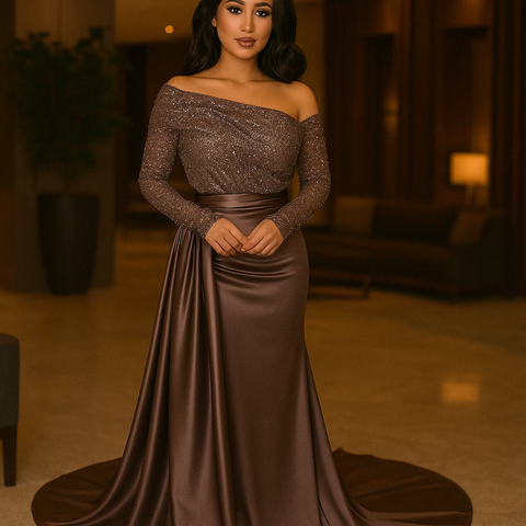 Elegantes schokoladenbraunes Abendkleid mit Pailletten-Oberteil und Satin-Schleppe