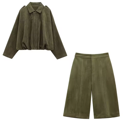 Damen Zweiteiler Set in Olivgrün – Oversized Jacke & Bermuda Shorts