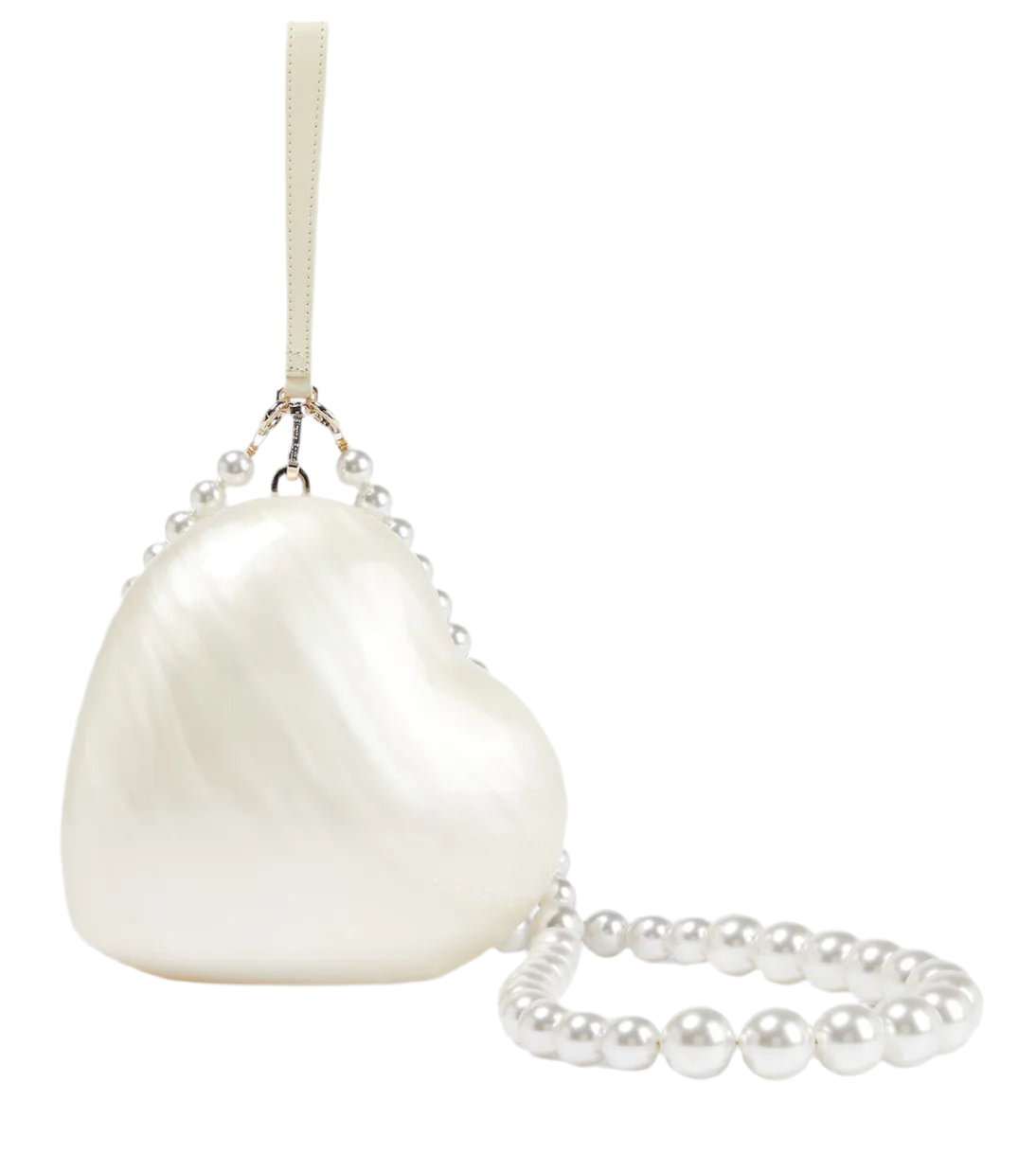Pearl heart bag with elegant pearl chain and glossy finish.