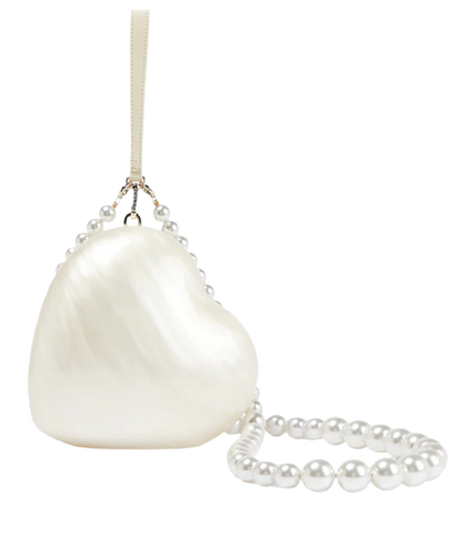 Pearl heart bag with elegant pearl chain and glossy finish.