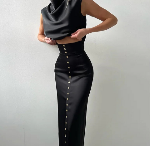 Elegante Crop Top Rock Set Frauen Rollkragen Ärmellose Weste Hohe Taille Taste Lange Röcke 2025, Frühling Dame Satin Solide Outfits