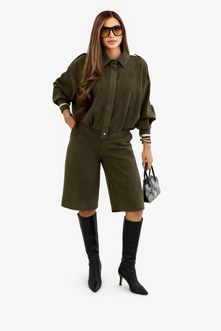 Damen Zweiteiler Set in Olivgrün – Oversized Jacke & Bermuda Shorts