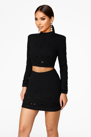 Elegantes schwarzes 2-Teiler Set mit Stickerei |