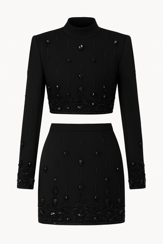 Elegantes schwarzes 2-Teiler Set mit Stickerei |