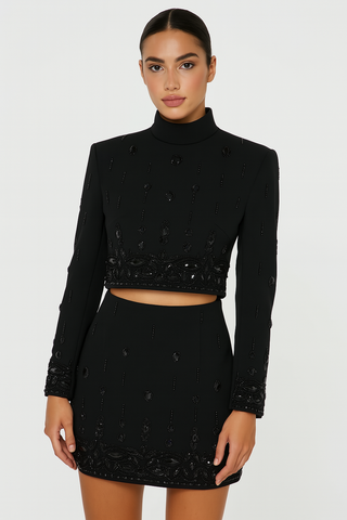 Elegantes schwarzes 2-Teiler Set mit Stickerei |