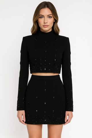 Elegantes schwarzes 2-Teiler Set mit Stickerei |