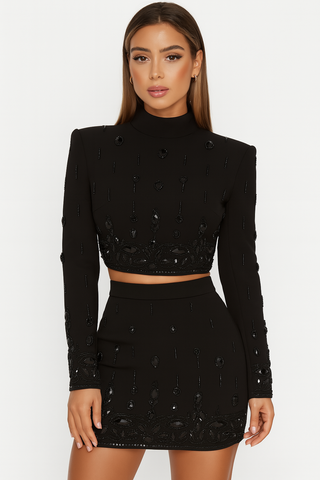 Elegantes schwarzes 2-Teiler Set mit Stickerei |