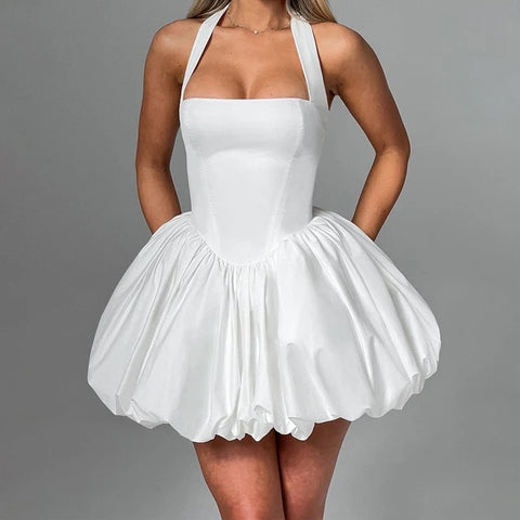 Stillvolles Schwarzes kurzes Ballonkleid mit Korsagen-Schnürung hinten