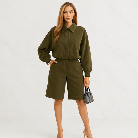Damen Zweiteiler Set in Olivgrün – Oversized Jacke & Bermuda Shorts