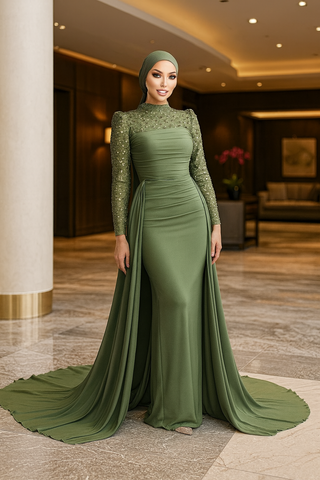 Abendkleid mit Paillettenärmeln Schleppe und Drapierung