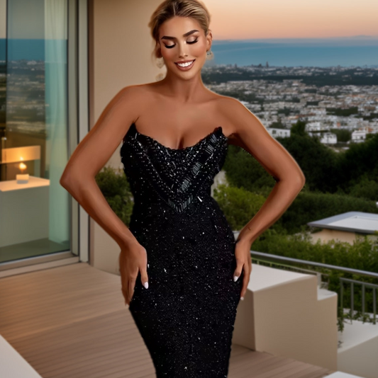 Luxuriöses Schwarzes Abendkleid mit Perlenverzierung