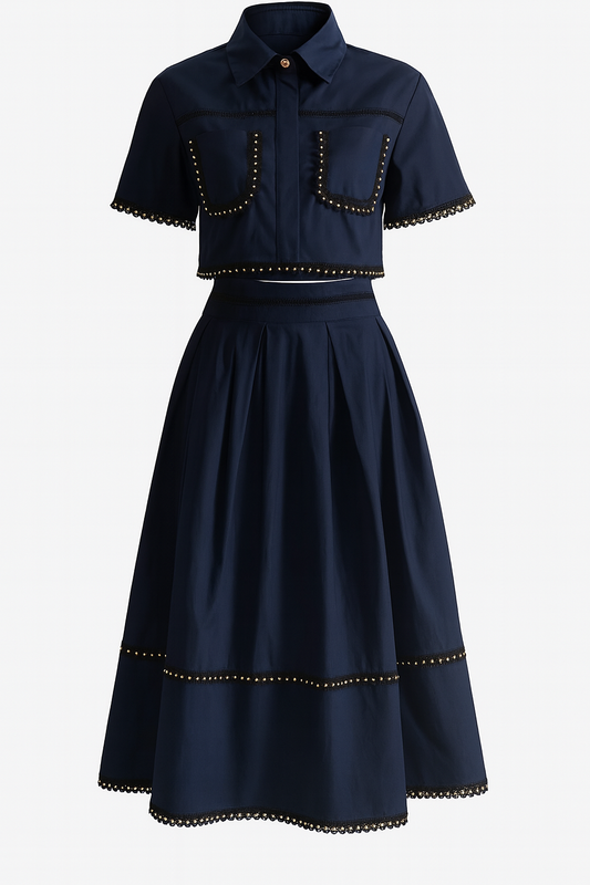 Eleganter Zweiteiler mit Häkel-Details und goldenen Akzenten