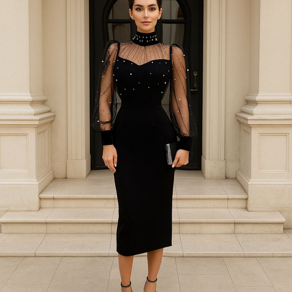 Elegantes schwarzes Midi Kleid mit transparenten Ärmeln und Perlenverzierung