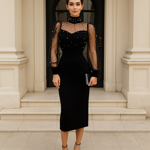 Elegantes schwarzes Midi Kleid mit transparenten Ärmeln und Perlenverzierung