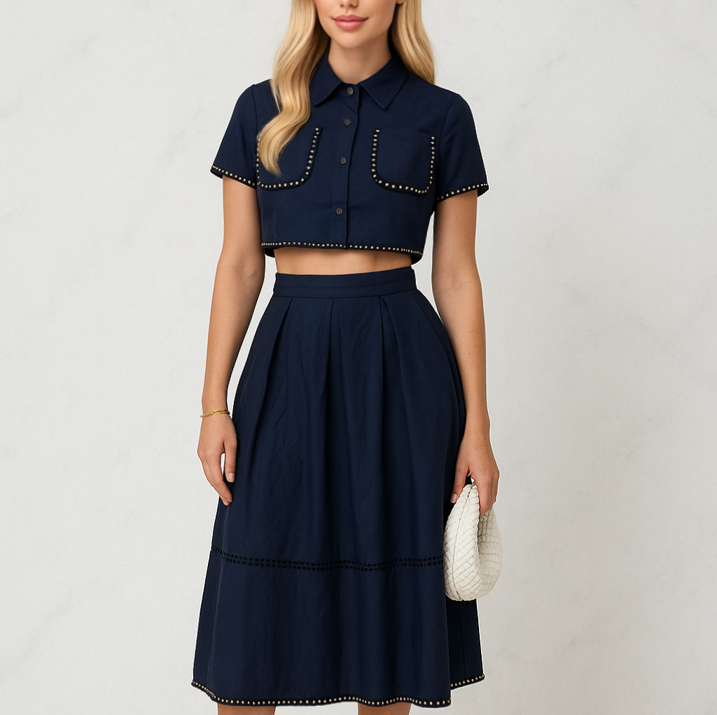 Eleganter Zweiteiler mit Häkel-Details und goldenen Akzenten