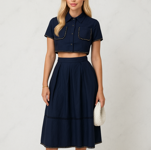 Eleganter Zweiteiler mit Häkel-Details und goldenen Akzenten