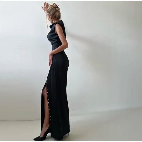 Elegante Crop Top Rock Set Frauen Rollkragen Ärmellose Weste Hohe Taille Taste Lange Röcke 2025, Frühling Dame Satin Solide Outfits