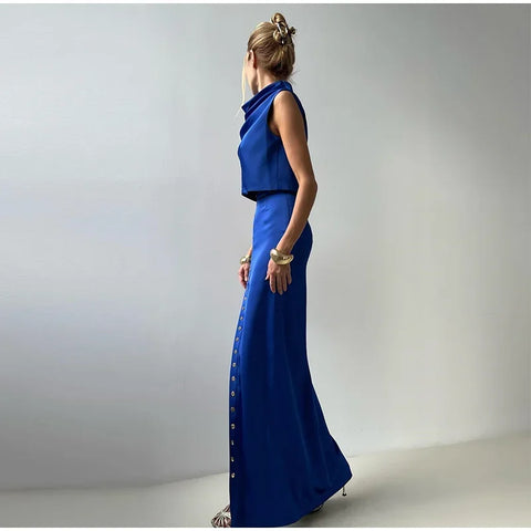 Elegante Crop Top Rock Set Frauen Rollkragen Ärmellose Weste Hohe Taille Taste Lange Röcke 2025, Frühling Dame Satin Solide Outfits